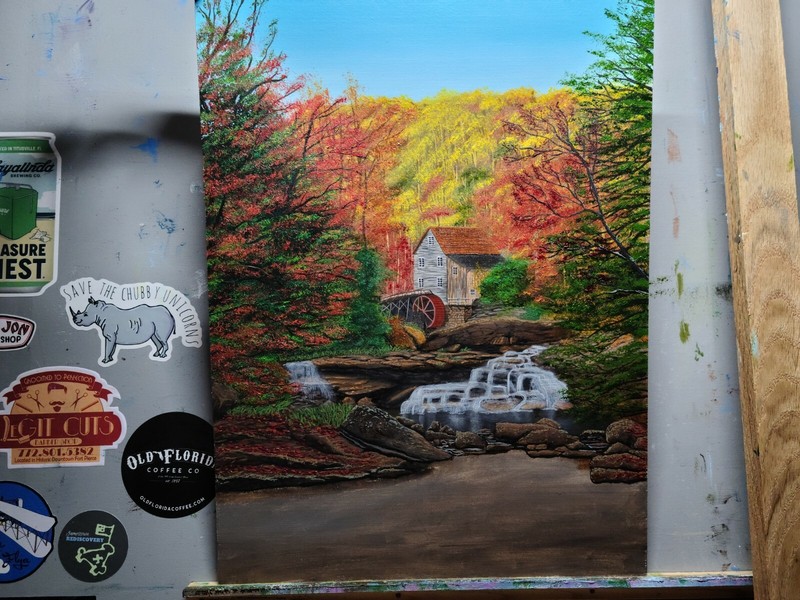 Babcock State Park West Virginia 12x16 inch oil on panel. A beautiful water mill gallery