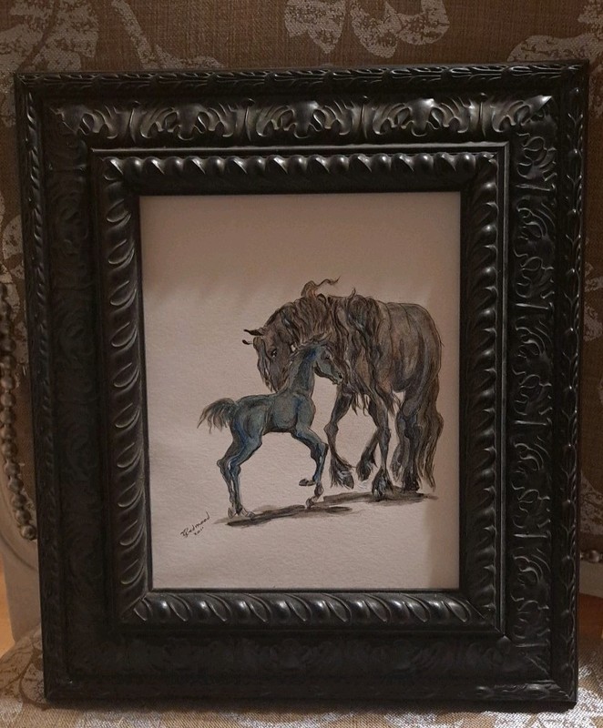 Friesian Mare And Foal Water Color By Redmond 2011. Black Frame.