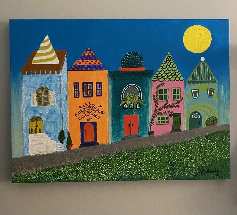 Contemporary Naive Art Acryic Painting “The Village” Row Houses