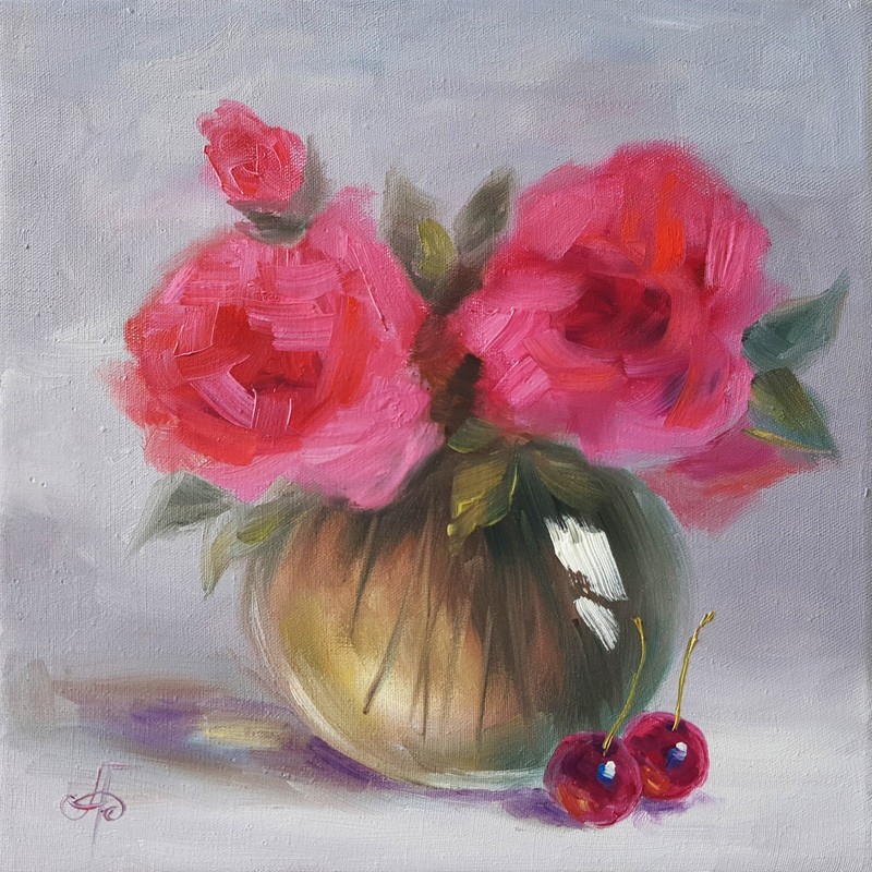 Pink Roses Still Life Original Oil Painting Impressionist Floral Wall Canvas Art