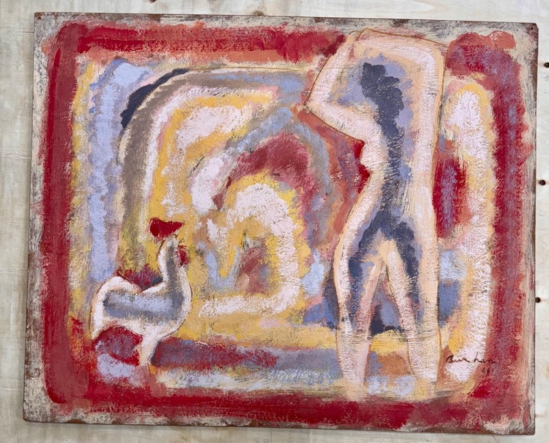 SAMI BURHAN 1966 ORIGINAL OIL , Woman and Chicken No. 30 - / Syria Art