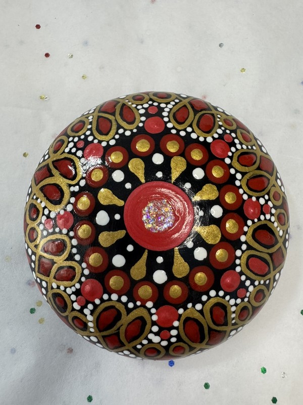 Artisan Hand Painted Man Made Rock | Mandala Red Gold Dotting 3″