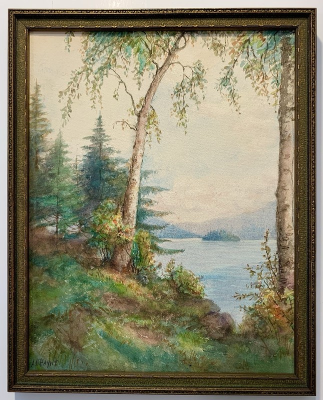 Antique Watercolor Painting Landscape Original Lake w Island ca1910