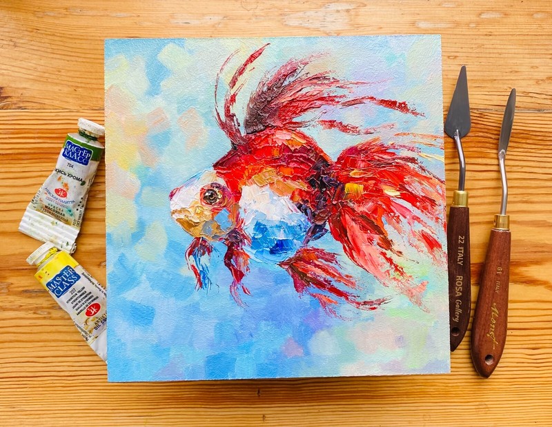 original oil painting Fish Art Gold Fish painting Red Fish art sea fish artwork gallery