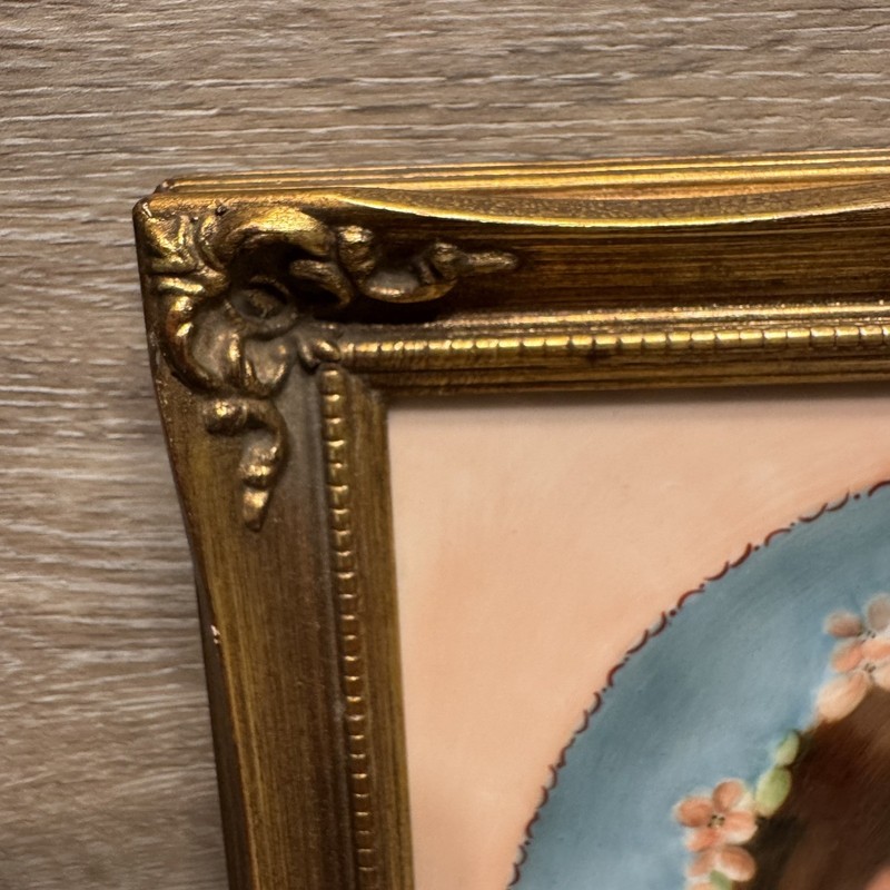 Vintage Hand Painted Porcelain Portrait Lady w/ Flowers Ornate Gold Frame Signed gallery