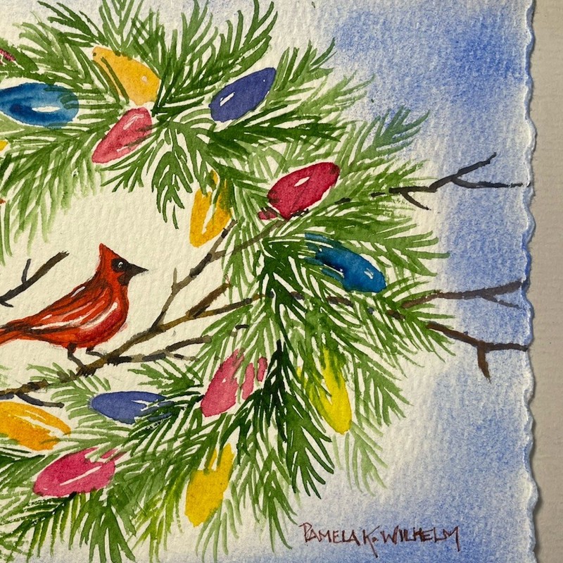 5”x7” Pamela Wilhelm Original Watercolor Christmas Wreath bow cardinal lights gallery