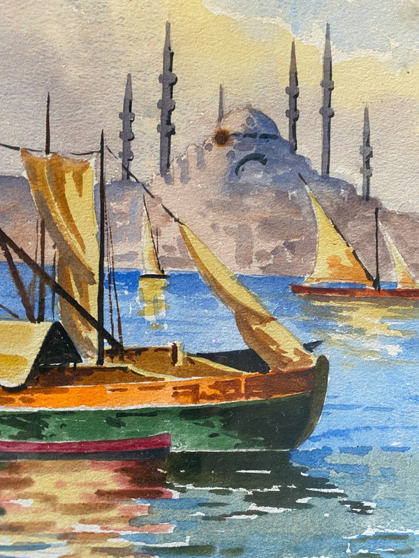 Watercolor Painting Fishing Boats Istanbul Silhouette Illegibly Signed Bosporus gallery