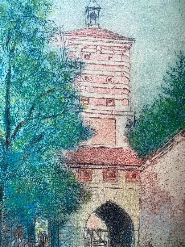 Colored Etching at the Red Gate Augsburg Old Town Signed Dated Rare gallery