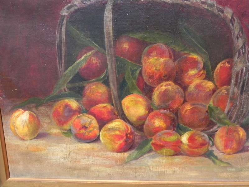 American antique still life painting summer peaches & basket by Mary Clark 1890s gallery