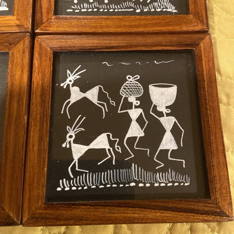 Warli Painting Handmade Indian Coaster set w/holder Tribal Decor Wood Framed gallery