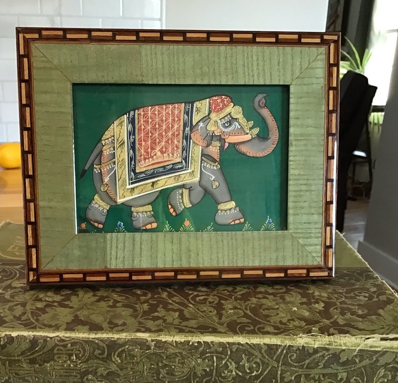 Elephant Beautiful Vintage Indian Handpainted On Silk WOOD frame art 5.5” x 7”