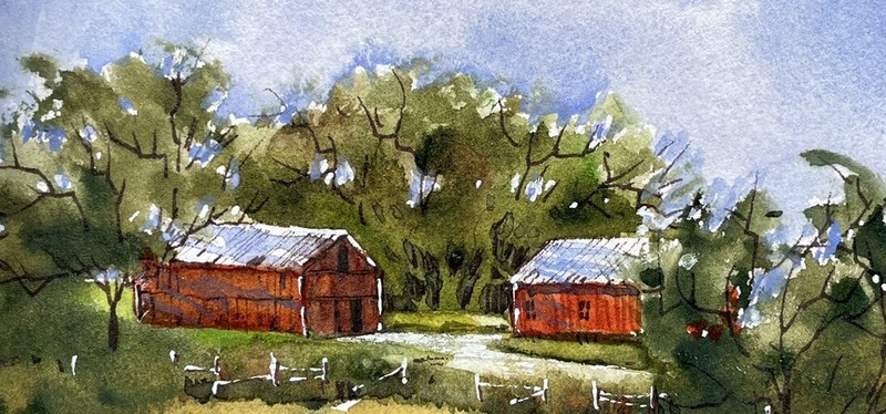 Pamela Wilhelm 2.5”x6” original Watercolor & Ink Big Trees Farm Red Barns Fence gallery