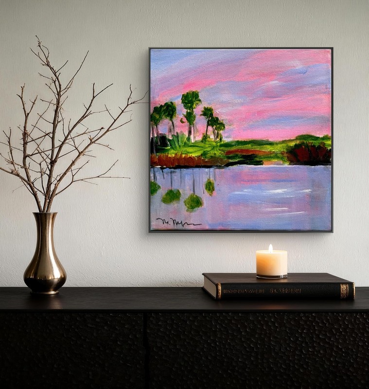 Mary Myers Original Abstract Expressionism 10x10 Pink Sunset Palms Reflection gallery