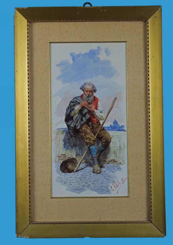 Eduardo Vitali Italy 19th century ‘Wanderer at the rest’ signed Watercolour Circa 1900