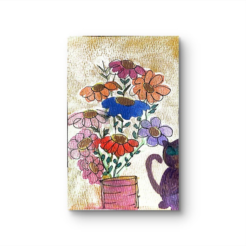 Flowers In Vase With Cat Vibrant Watercolor Expressionist 2.5×5.5 Painting