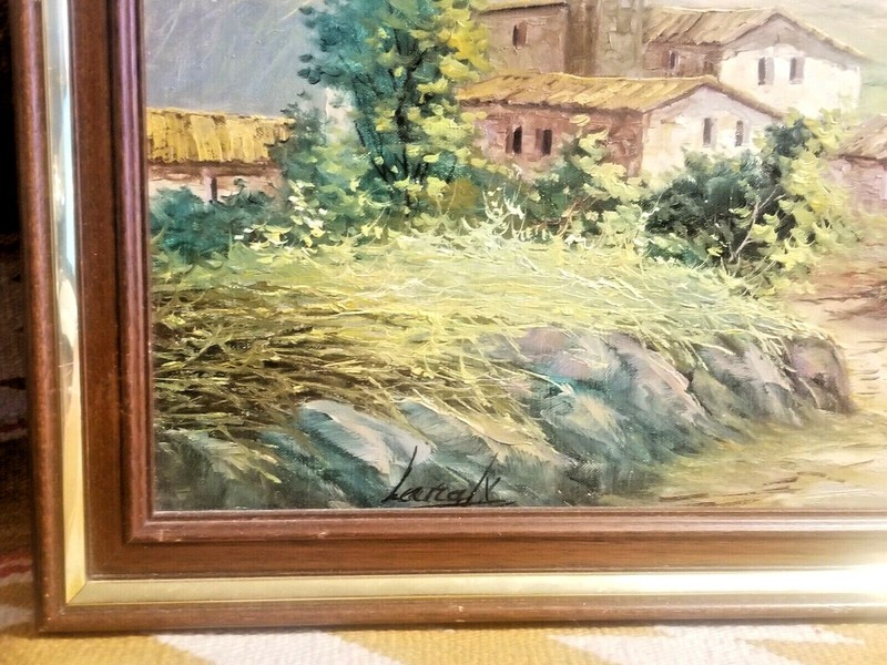 BEAUTIFUL COLORFUL WELL DONE O/C PAINTING MOUNTAINS & FARM WATCHTOWER ca 1960's gallery
