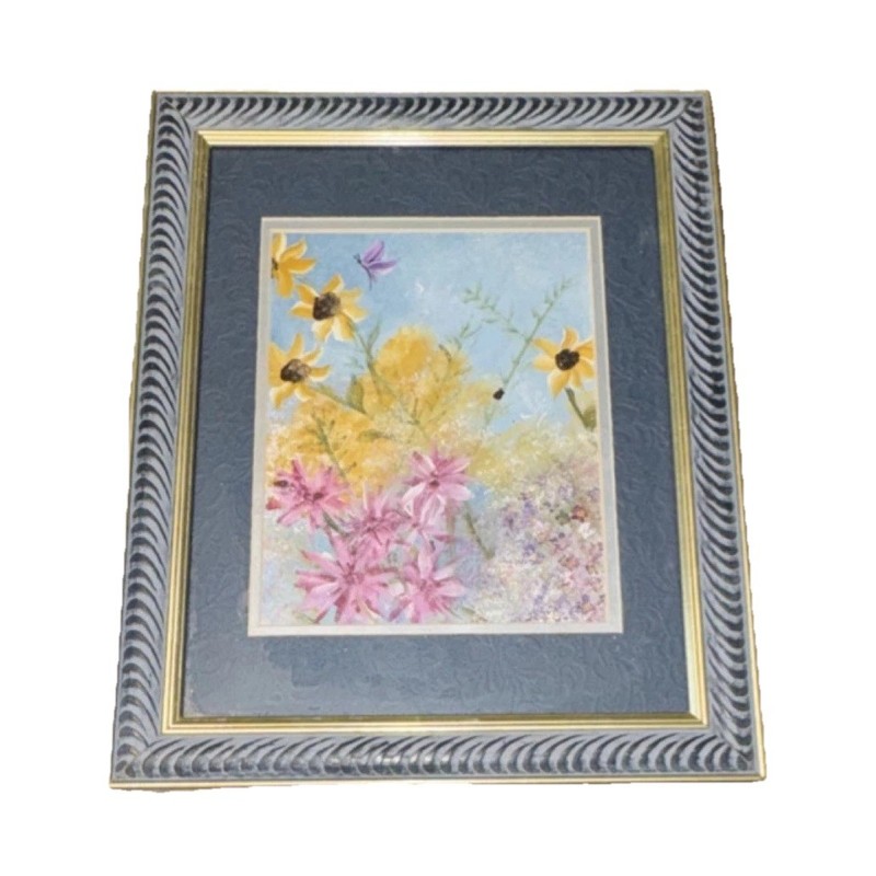 Framed Original Water Color Floral Painting With Butterflies 13 in by 15 in