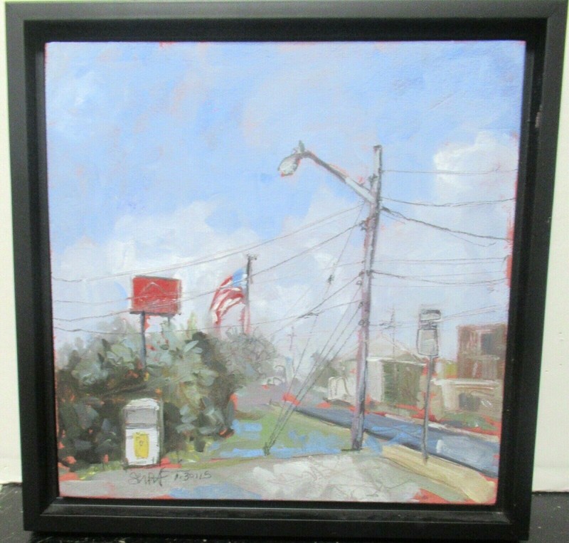 SARAH BAPTIST «RED,WHITE AND BLUE» ORIGINAL OIL ON BOARD STREET SCENE PAINTING