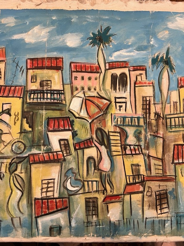 Original MCM Cubist Abstract City Painting Urban Scene 24x17 gallery
