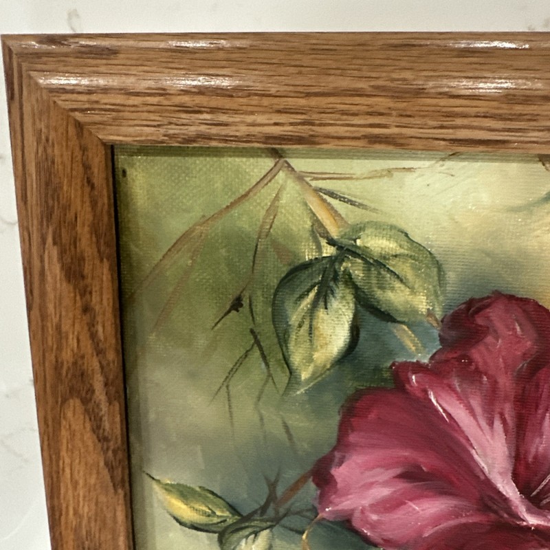Original Painting Pink Hibiscus Flower Signed - Frame Is 11.5” X 9.5” gallery