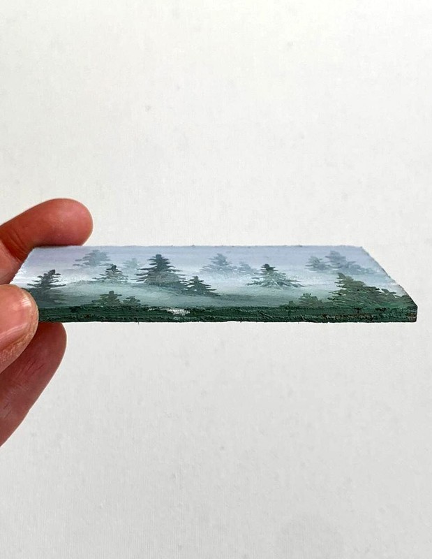 ACEO. mini original oil painting of forest, fog, conifers, trees, forest landsca gallery