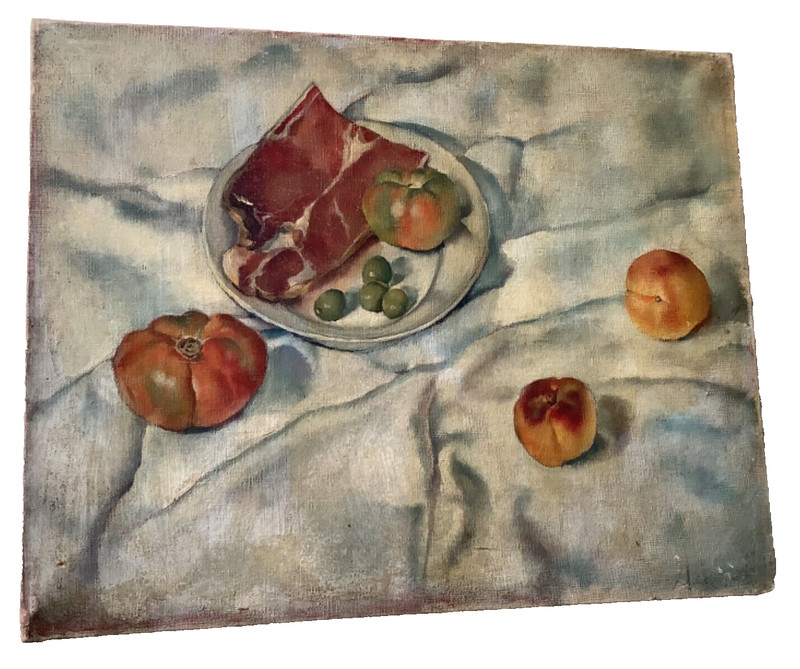 1920's Antique STILL LIFE with Ham Oil Painting - MYSTERY French Painter gallery