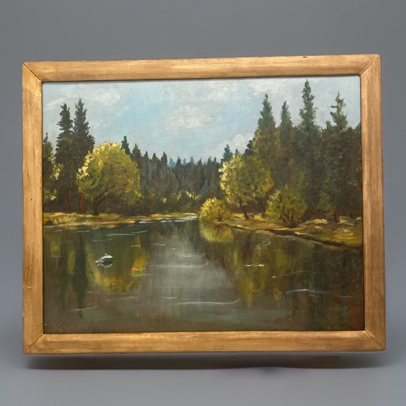 Vntg Original Oil Painting River Landscape Forest Fish Jumping 22” X 18” gallery