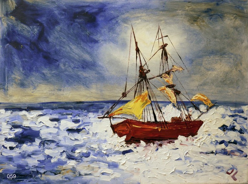 «Red Seaship» # 059 – Original Expressive Oil Painting by Julia Lu 18×24″