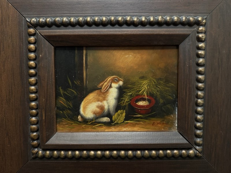 Signed Oil on Board Bunny Rabbit Painting, Frame size 15 1/2" x 13 5/8" gallery