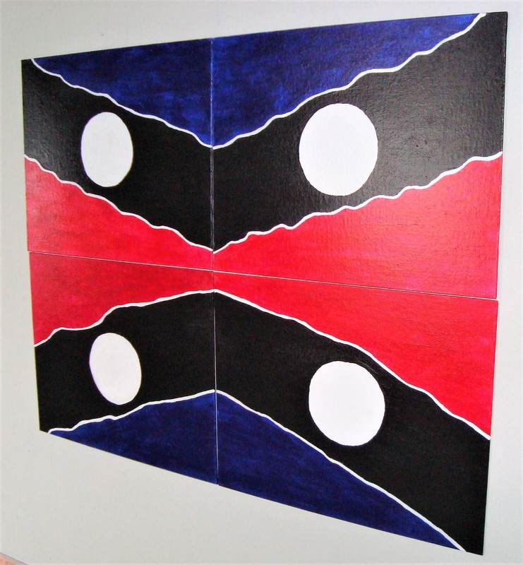 Original Moon Signed Painting Circle Geometric Navy Red Art Set By Carla Dancey