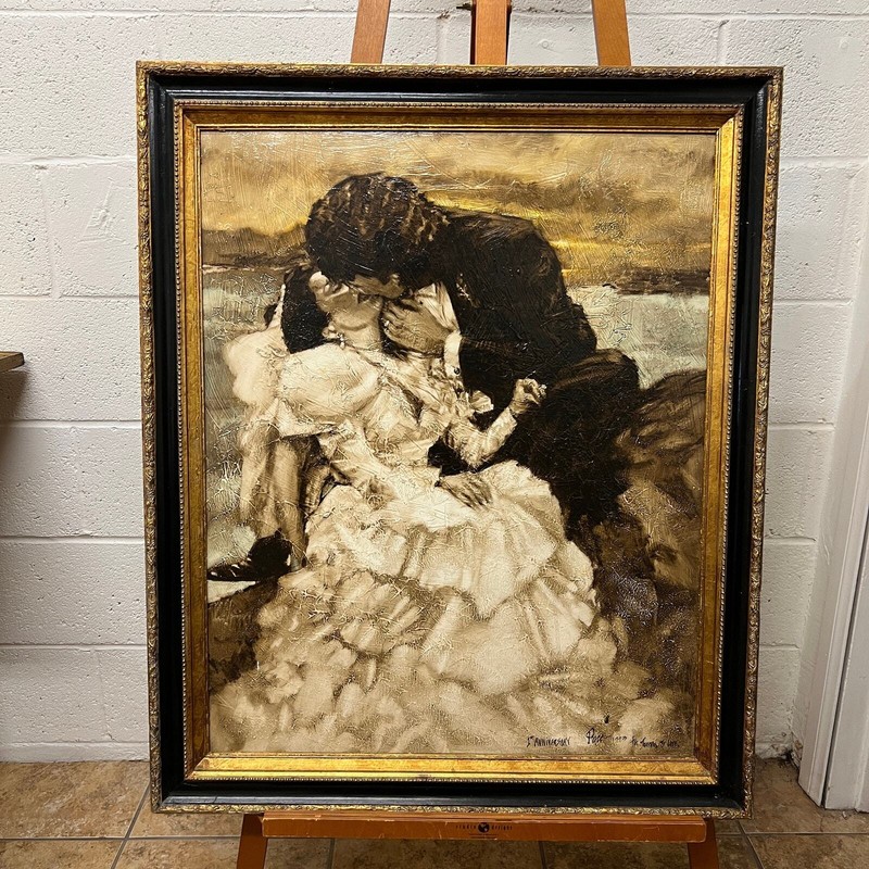 signed Pace oil inscribed on verso A woman kissing a man wedding wood frame