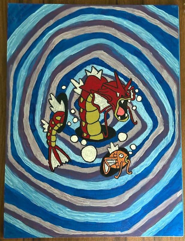 Custom Pokémon Acrylic Painting: Gyarados & Magikarp – 12×16 Canvas Board
