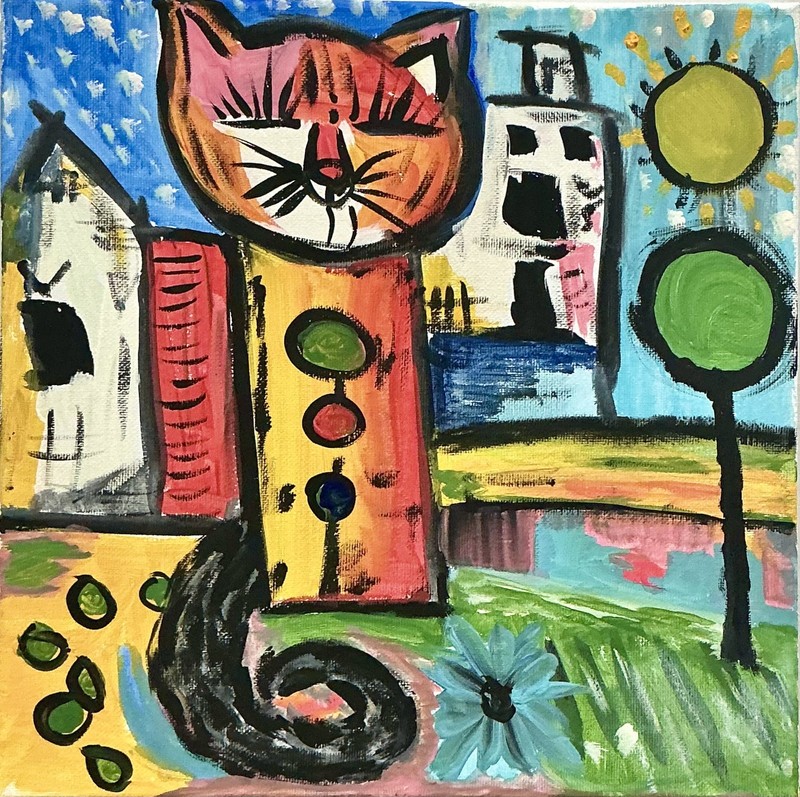 Original Abstract Colorful Cat Painting Modern Acrylic Park City Wall Art gallery