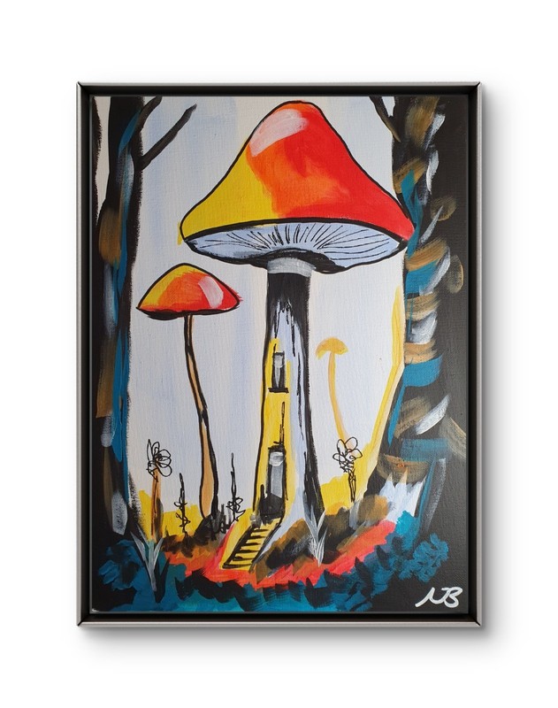 ORIGINAL ACRYLIC PAINTING 12×16 MUSHROOM HOUSE ABSTRACT ARTWORK CANVAS WALL ART