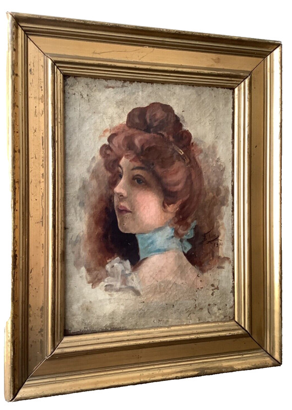 Circa 1901 French Belle Epoque Original Oil on Canvas Signed Portrait of a Lady