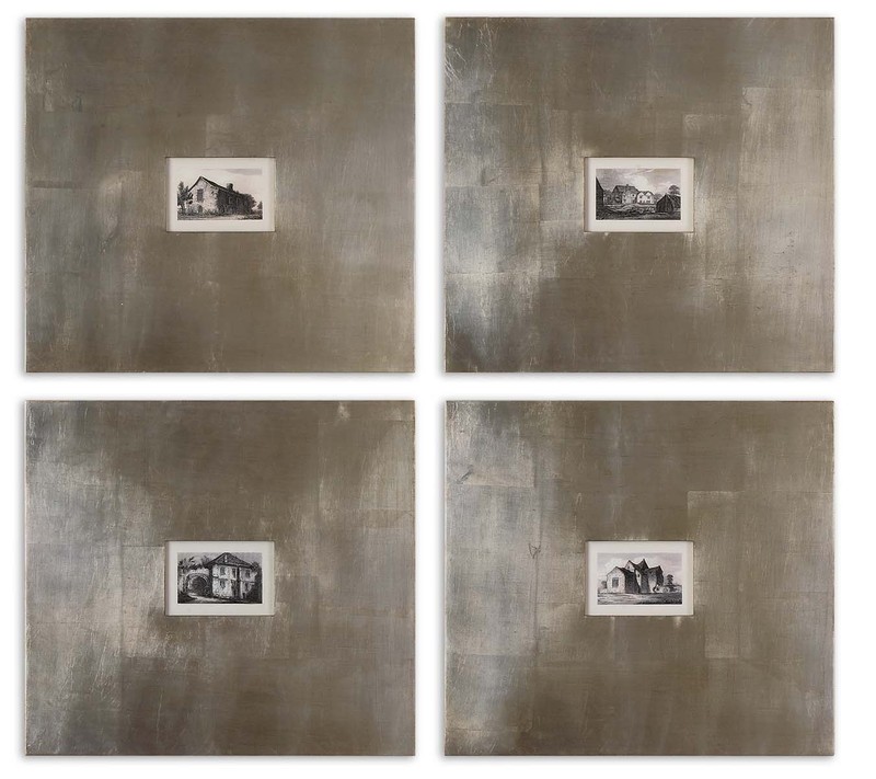 Modern Thick Silver Framed Artwork Set | Metallic Historical Buildings Unique