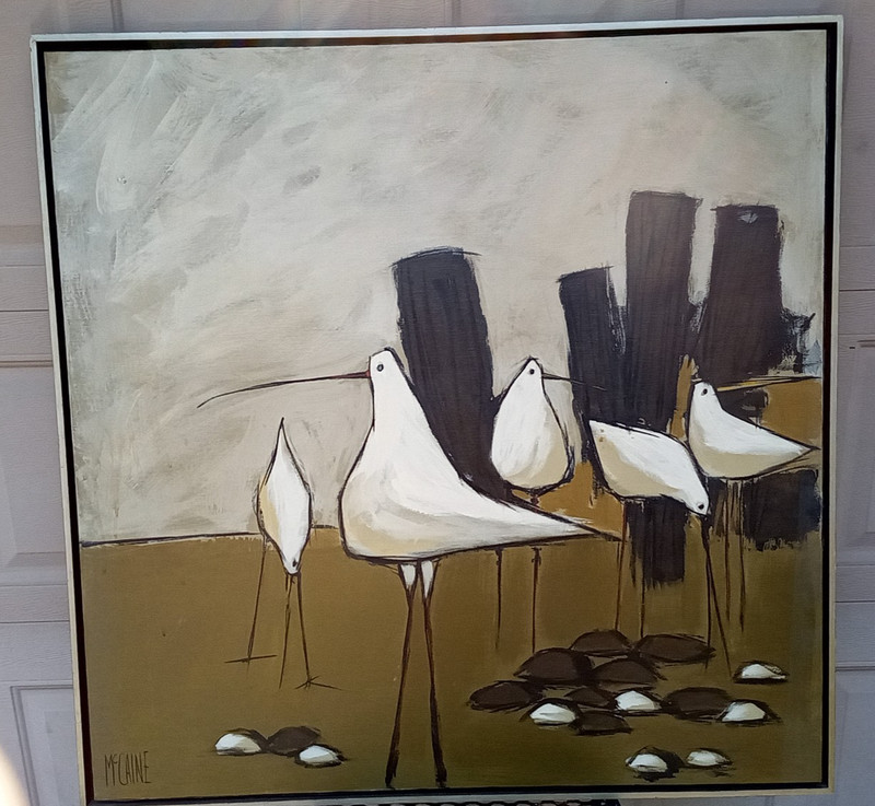 Vintage 60s 70s Sandpiper bird painting signed McCaine large 37x37" pop art gallery