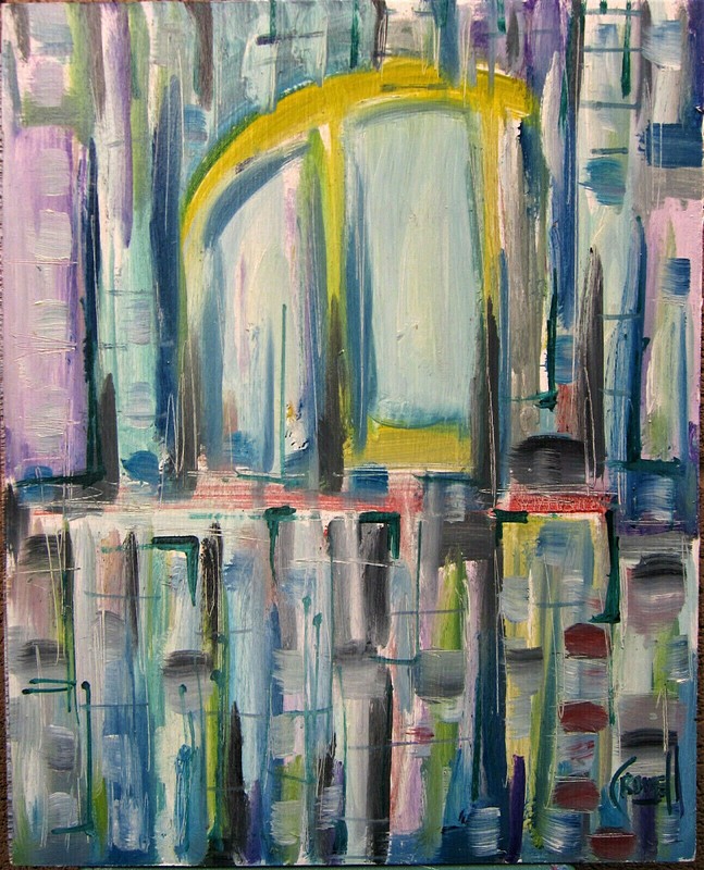 MAGGIES BACK IN TOWN abstract 8x10 painting WOOD Vintage original signed Crowell gallery