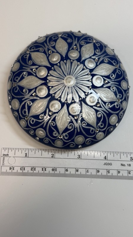 Distressed Blue And Pearl Mandala - Hand Painted Handmade Stone - By JaDeL gallery