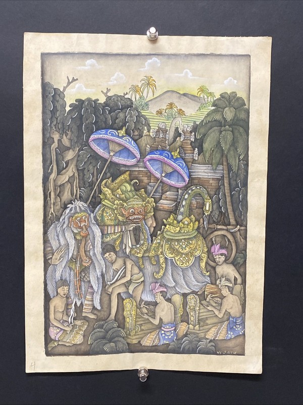 VINTAGE PAPER PAINTING BALI Balinese FOLK ART Dragon Dance Celebration #4 MC3