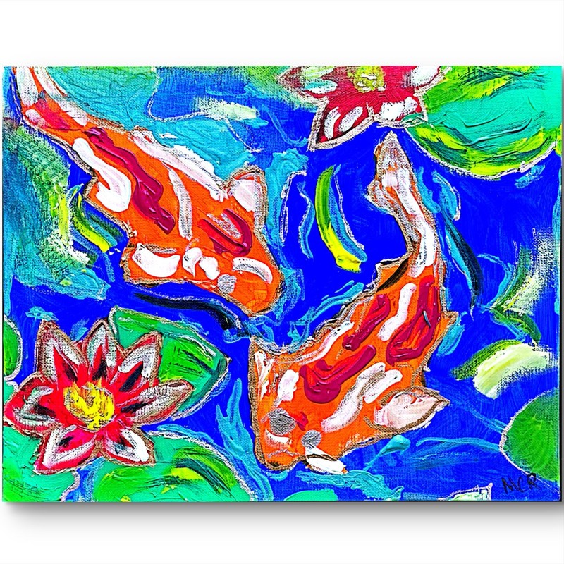 Koi Fish Swimming Orange Water Original Signed Art Painting 11x14 Canvas Board gallery