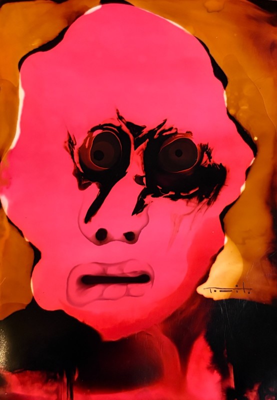 Tonito Painting.Original art.PINK angry face.Organic.Quirky otherworldly art