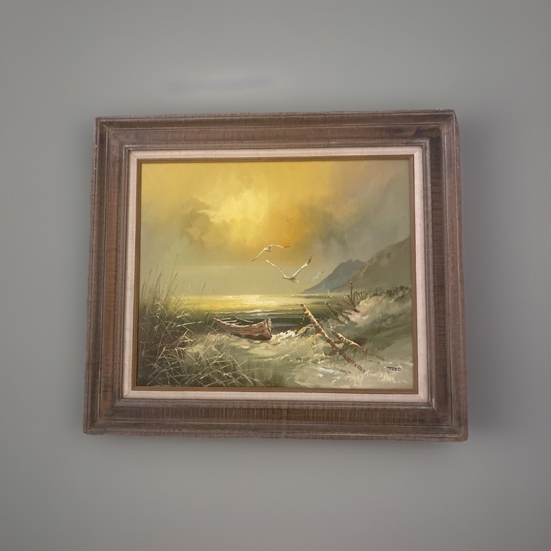 1970’s Oil Painting Seascape Beach Boat Nautical Seagulls Shore 31” X 27” Large gallery
