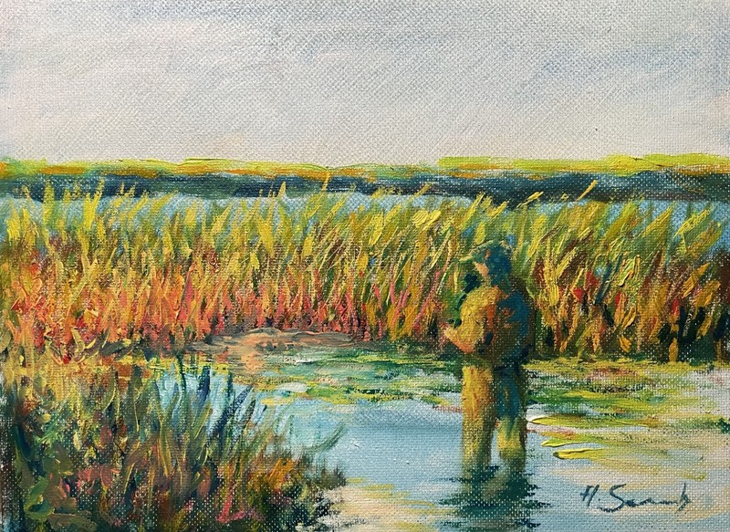 Original Oil Painting Fisherman in Marsh Wetland Landscape 12x16 Andy Semberecki gallery