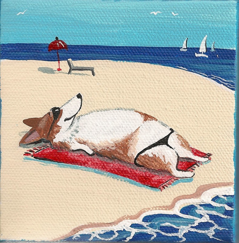 4X4 PRINT OF PAINTING RYTA PEMBROKE WELSH CORGI FOLK ART SEASCAPE BEACH SAILBOAT