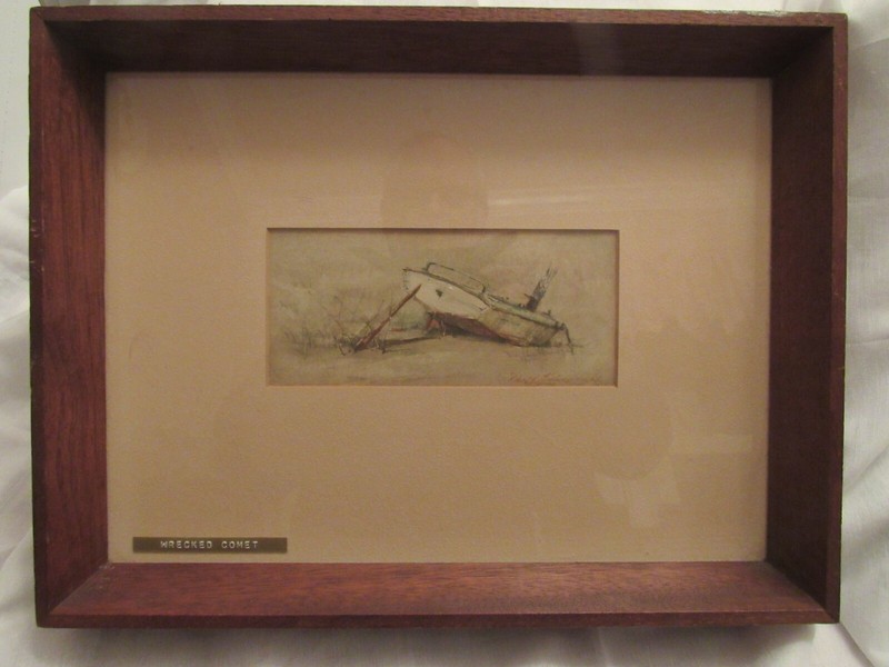 NICE ROBERT KAISER WATERCOLOR PAINTING OF WRECKED BOAT IN THE SAND – LISTED