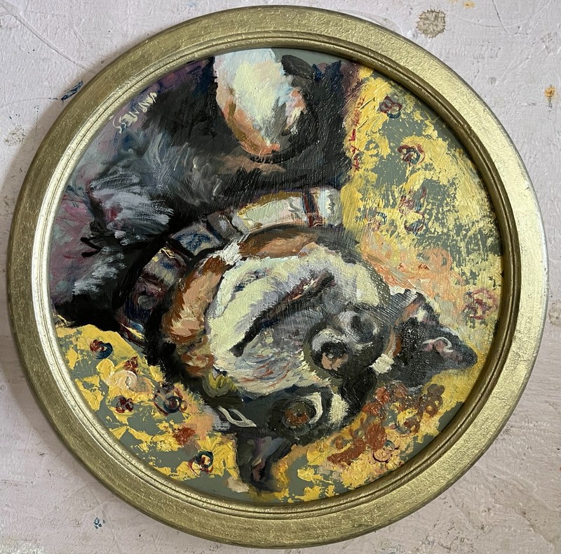 Dog, Original Oil Painting, Round Frame, by Van Ness
