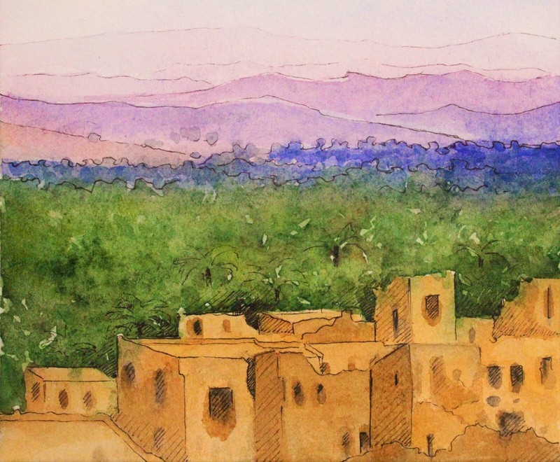 Old Town Original Watercolor Painting 4x5 Hand Painted Cityscape Desert Oasis