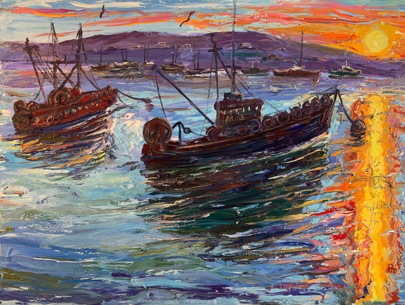 MONTEREY DOCK 2 Arthur Robins Oil Seascape California boats Ocean sunset onwater