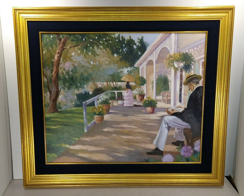 1 USED LUGANO CANDI SIGNED OIL ON CANVAS OF COUPLE ON VERANDA ***MAKE OFFER***
